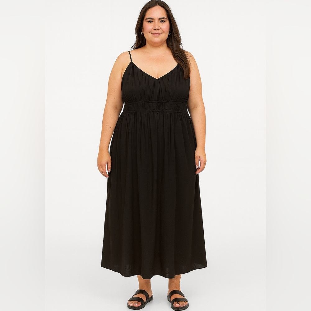 H&M Black Smocked Peasant Crisp Poplin Cotton Sleeveless Milkmaid Maxi Dress XXL